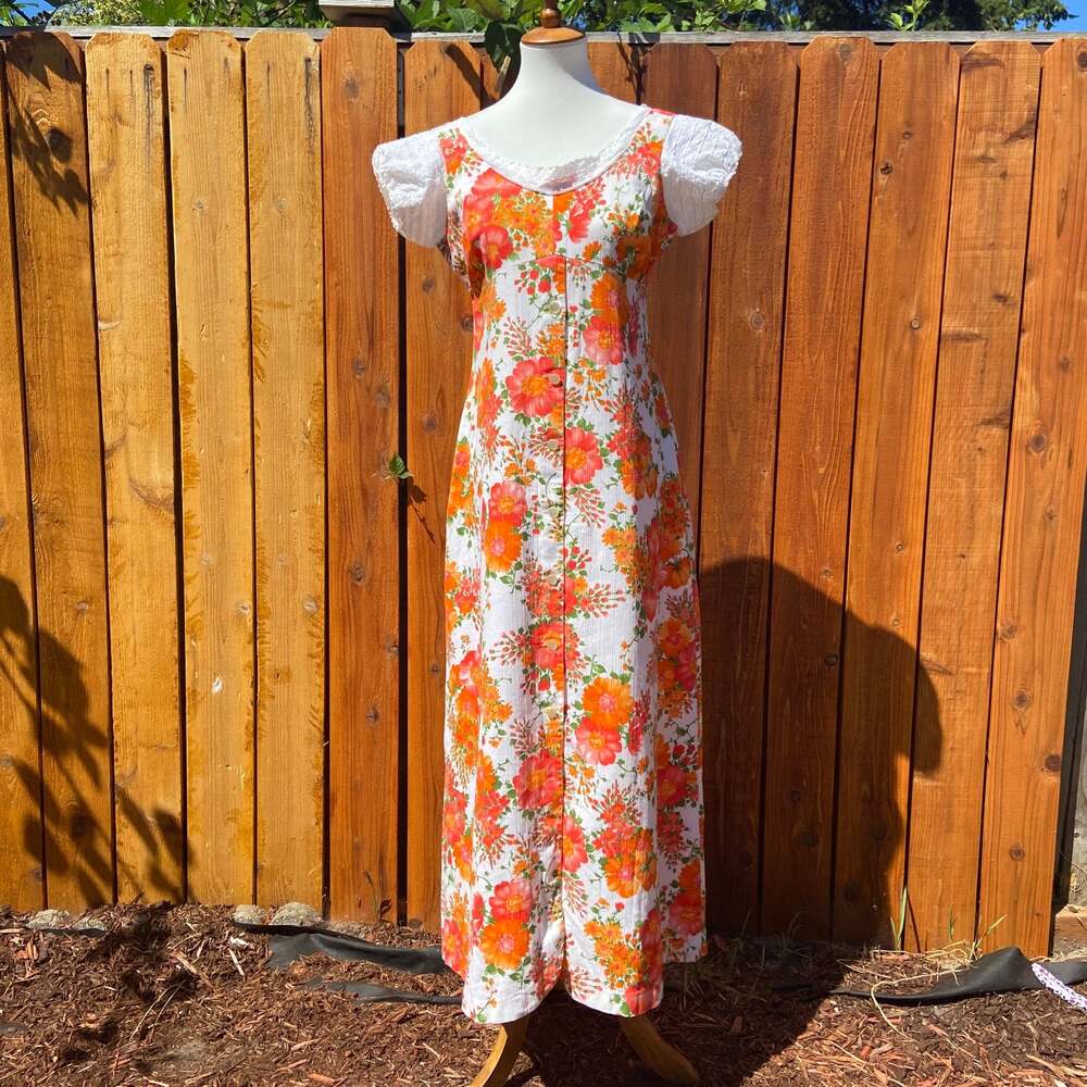 Vintage Style Rite Orange Lace Floral Cottagecore Maxi Dress